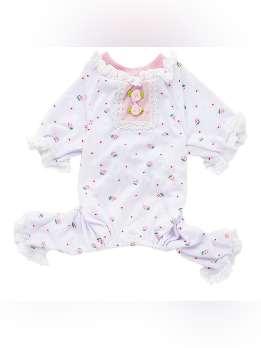 Pink & White Strawberry-Print Dog pajamas with Lace Accents